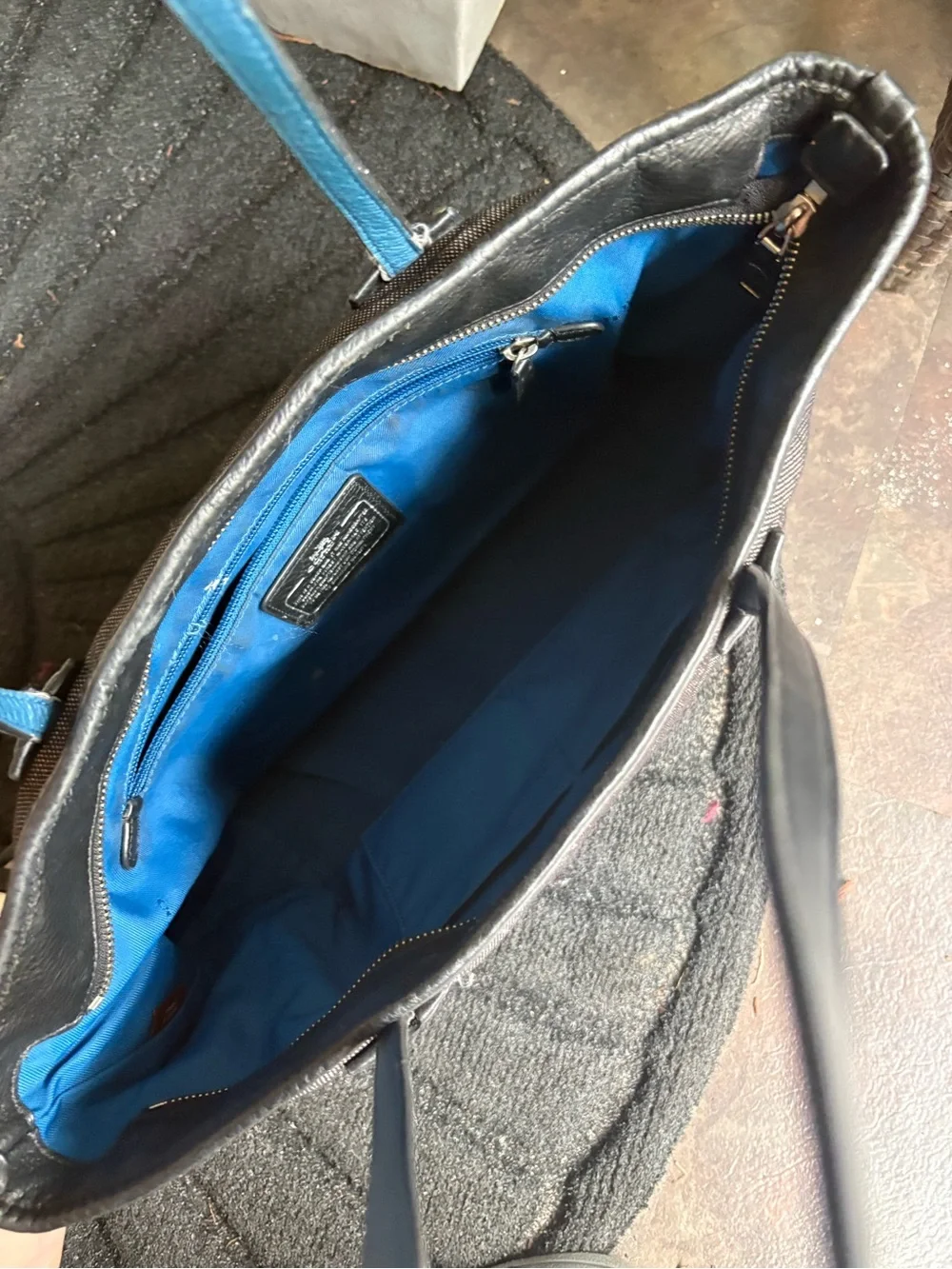 Coach Charcoal Gray and Black Horse & Carriage Tote with cobalt blue interior